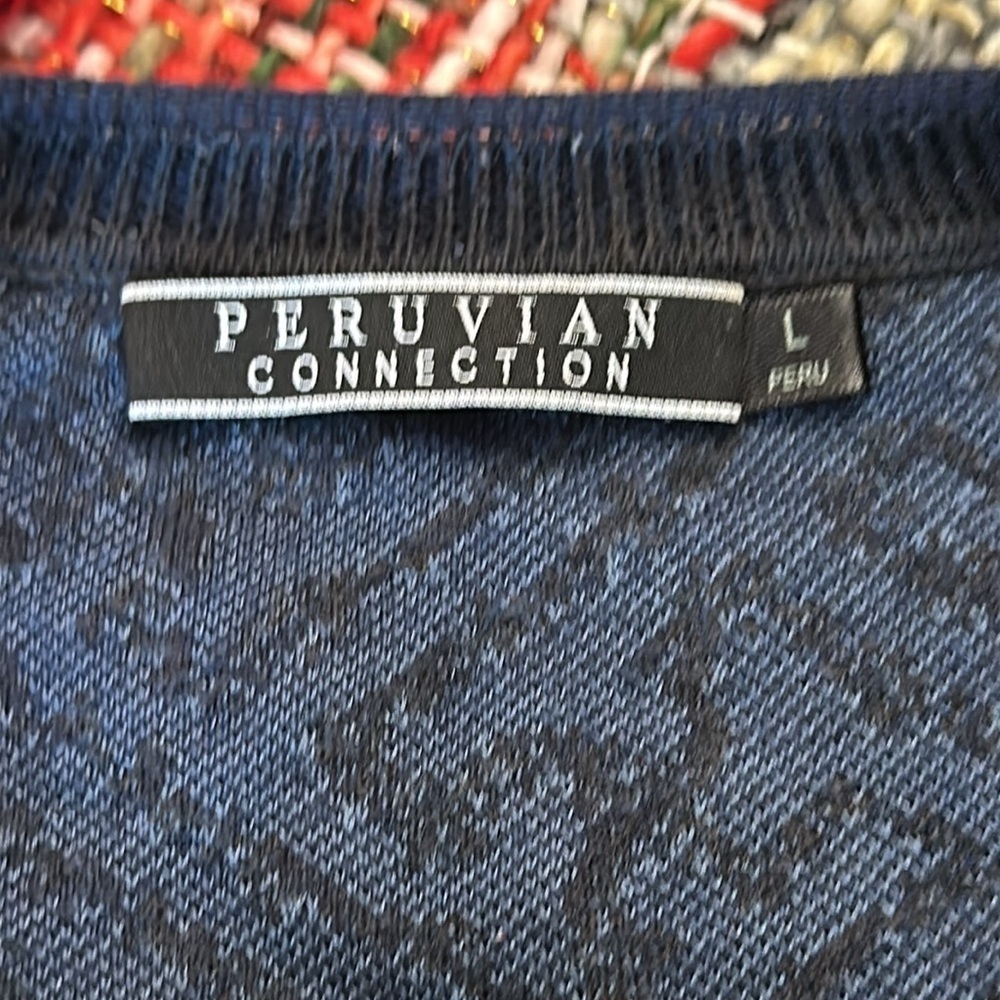 Peruvian Connection Double Button Cardigan Sweater Blue Floral Womens Large EUC - Picture 7 of 8